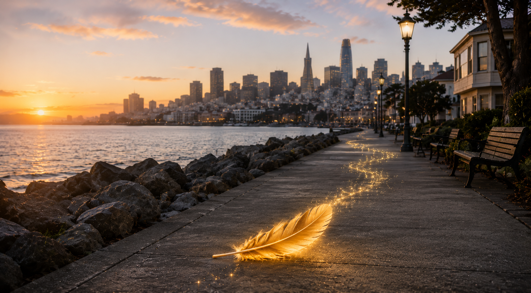 A golden San Francisco waterfront path with the skyline at sunset