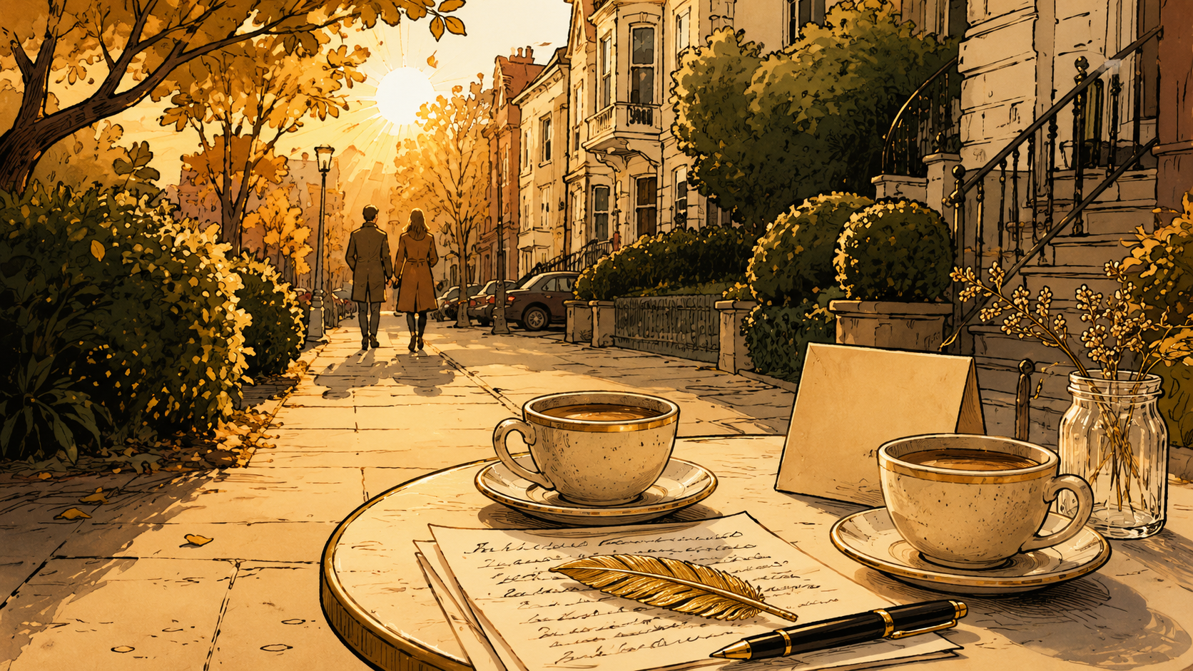 A golden city sidewalk with coffee, a handwritten note, and two people walking in the distance